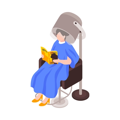 Woman reading magazine while drying her hair in beauty salon isometric icon vector illustration