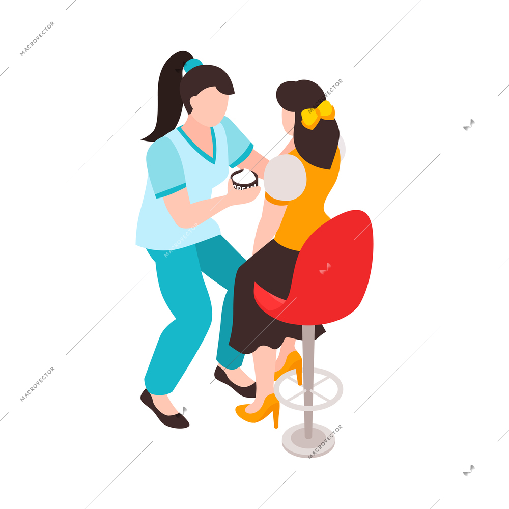 Isometric icon with beautician applying cream on womans face in beauty salon 3d vector illustration