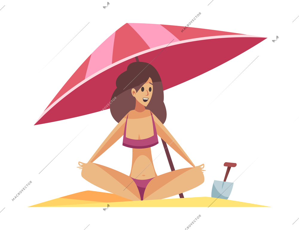 Happy woman in swimsuit sitting on sandy beach under umbrella flat vector illustration