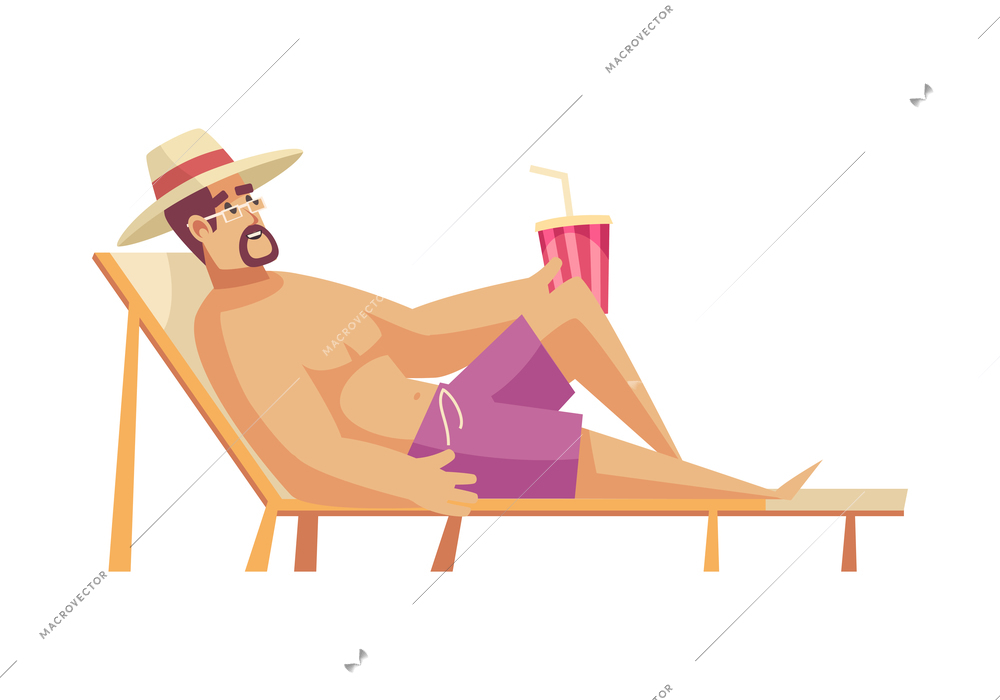 Beach holiday flat icon man relaxing on lounge with drink vector illustration