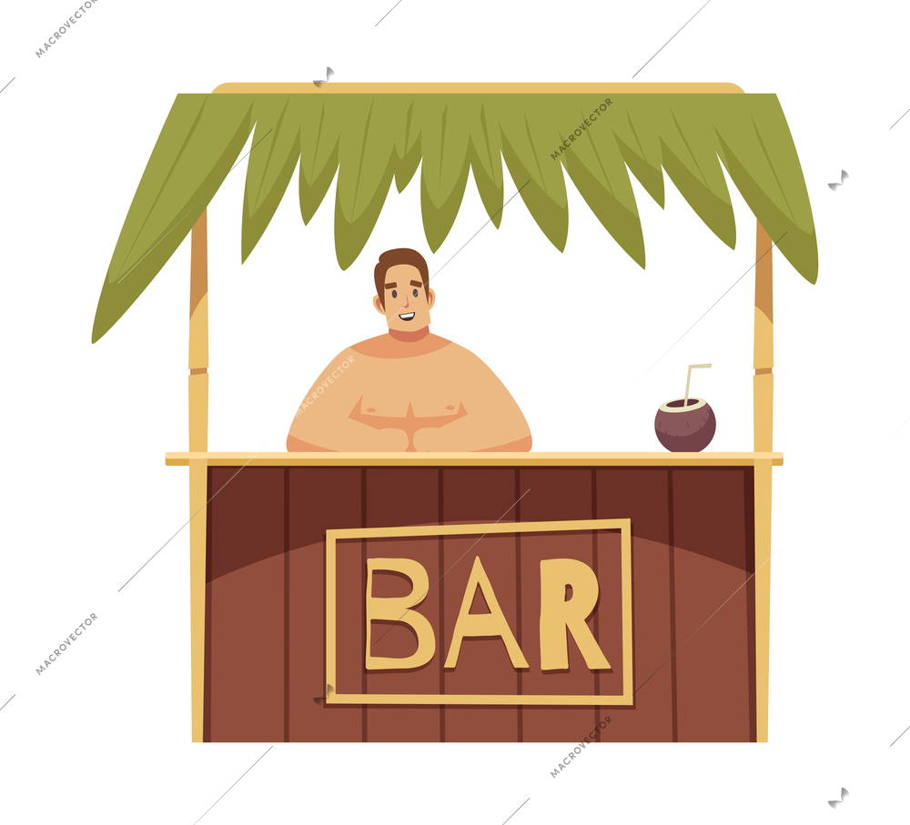 Beach bar stall with smiling seller on white background flat vector illustration