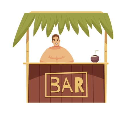 Beach bar stall with smiling seller on white background flat vector illustration