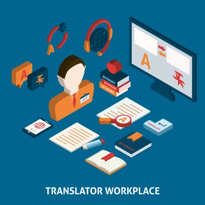 Translator workplace isometric icons composition with computer dictionaries and mobile electronic devices  poster print isolated vector illustration