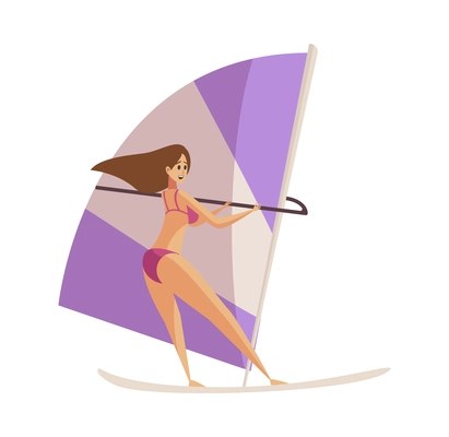 Beach holiday flat icon with happy woman windsurfing vector illustration