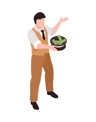 Isometric male street artist wearing suit begging for money with hat 3d vector illustration