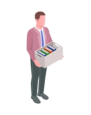 Male office worker with personal stuff in cardboard box 3d isometric vector illustration