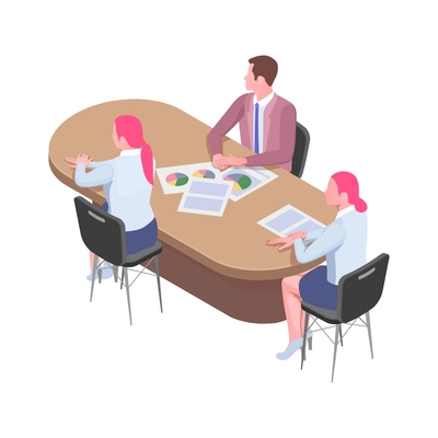 Business meeting isometric icon with three office managers sitting at table listening to speaker 3d vector illustration