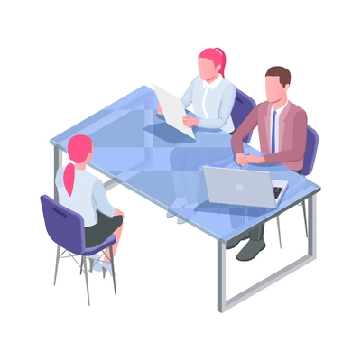 Recruiting isometric icon with job candidates communicating with recruiter at office table 3d vector illustration