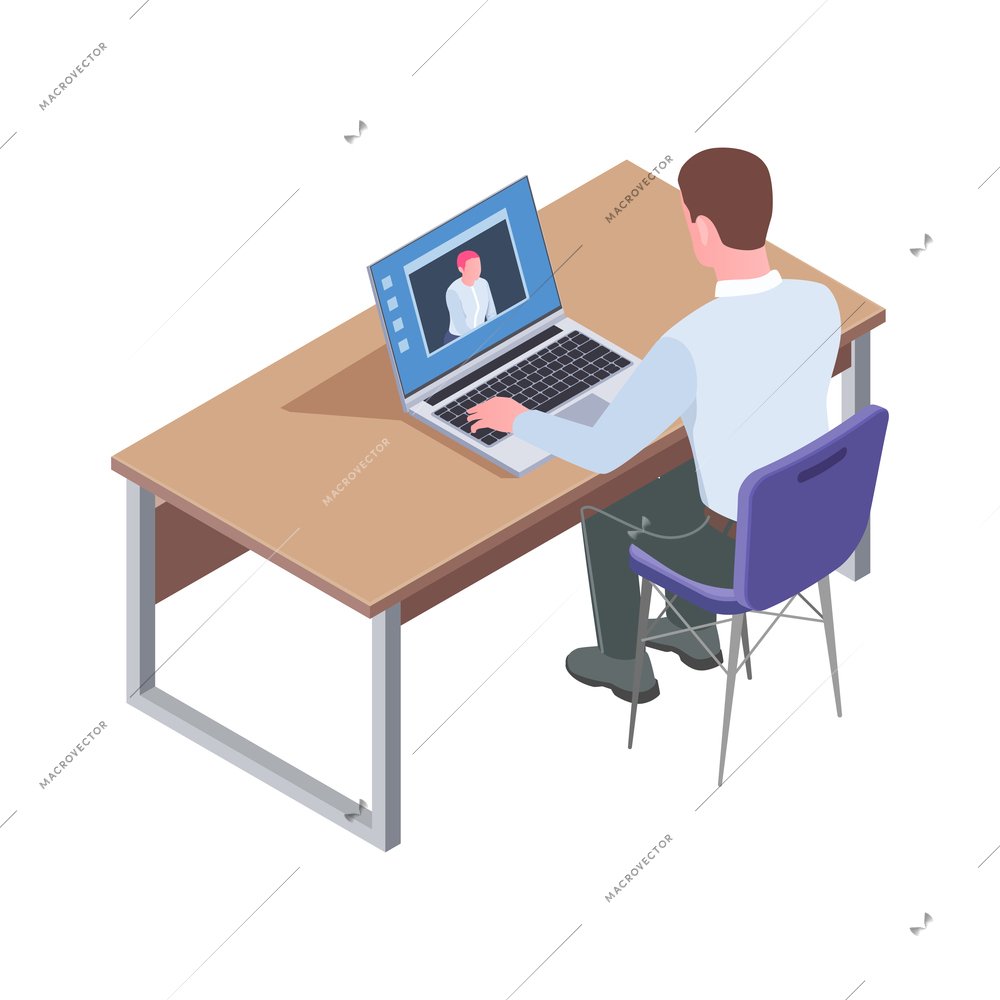 Recruiting online job interview icon with male recruiter talking to applicant on video call isometric vector illustration
