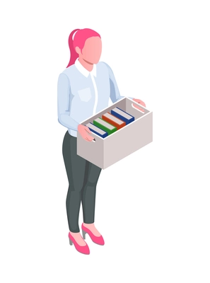 Isometric woman office worker holding cardboard box with personal stuff 3d vector illustration