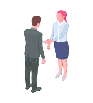 Male and female office managers handshaking 3d isometric vector illustration