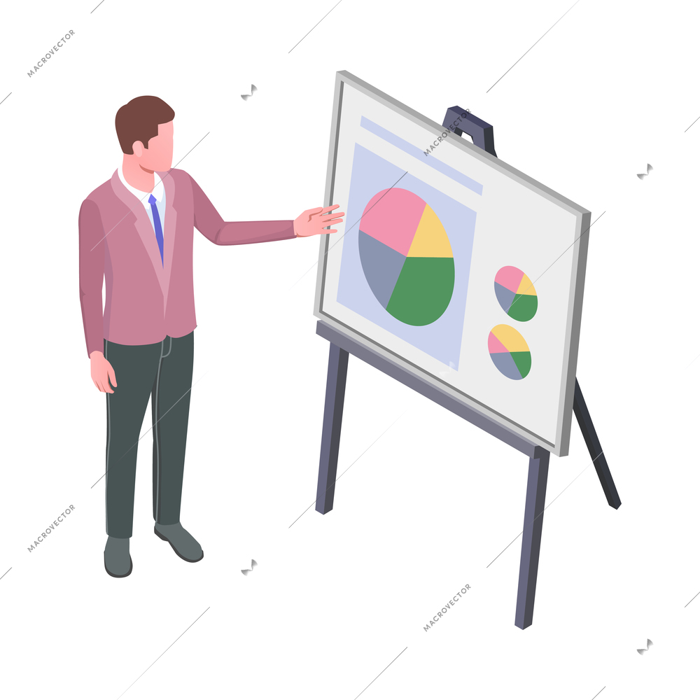 Isometric icon with manager presenting financial report with diagrams 3c vector illustration