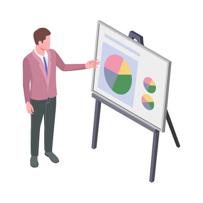 Isometric icon with manager presenting financial report with diagrams 3c vector illustration