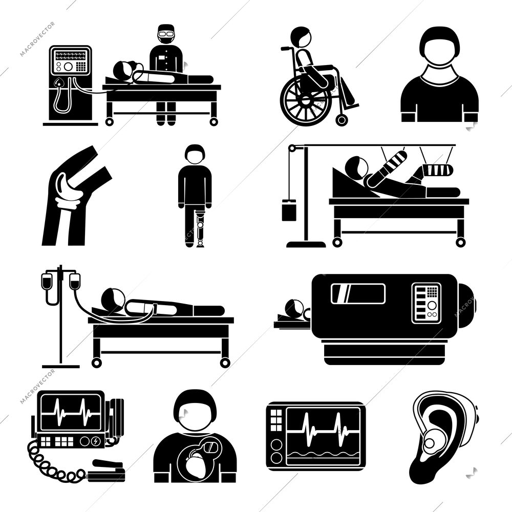 Healthcare medical heart pacemaker artificial kidney dialyze system monitoring technology graphic icons collection abstract isolated vector illustration