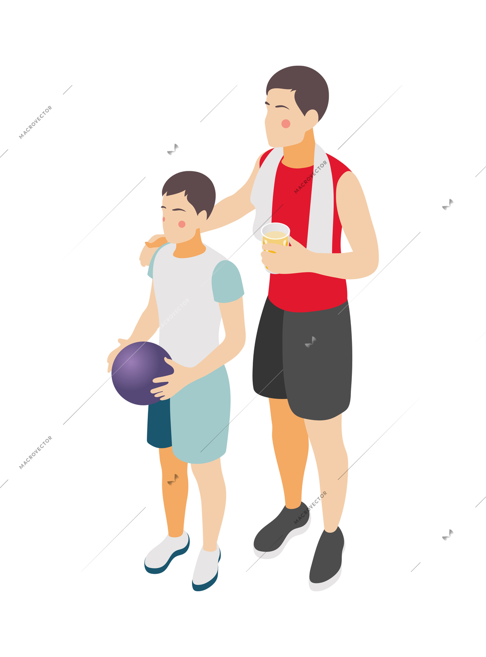 Family fitness isometric icon with father and son doing sport together playing ball 3d vector illustration