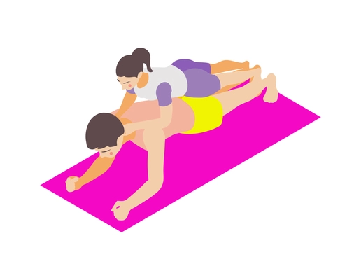 Family fitness icon with father and daughter doing plank exercise together isometric vector illustration