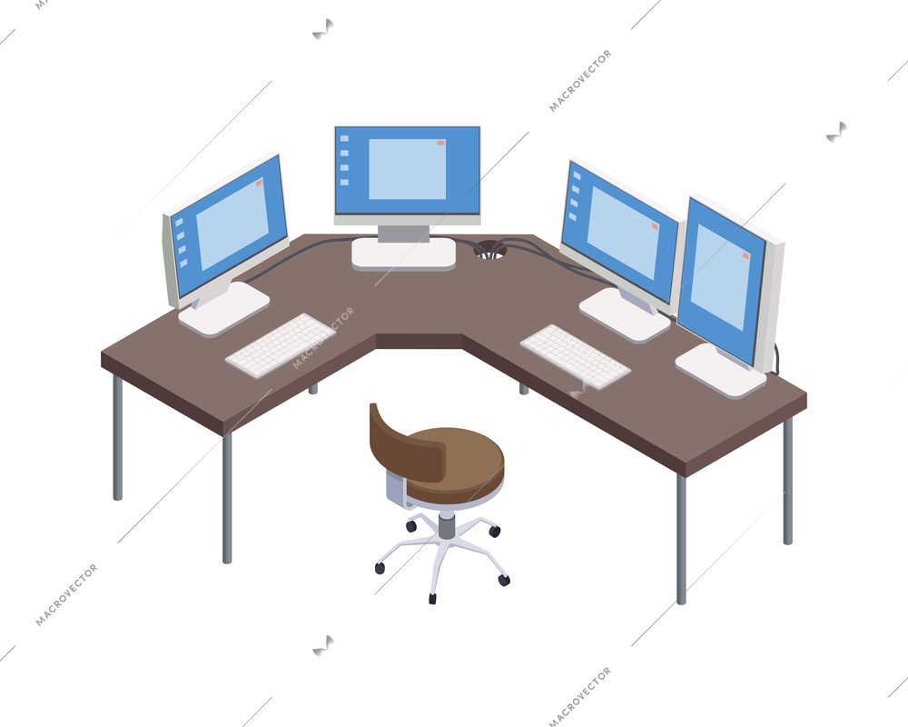 Smart industry isometric icon with control centre room with four computers 3d vector illustration