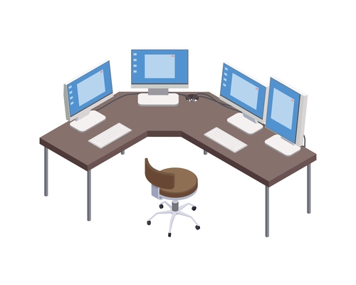 Smart industry isometric icon with control centre room with four computers 3d vector illustration