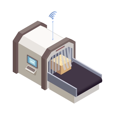 Smart industry isometric icon with cardboard box on automated conveyor 3d vector illustration