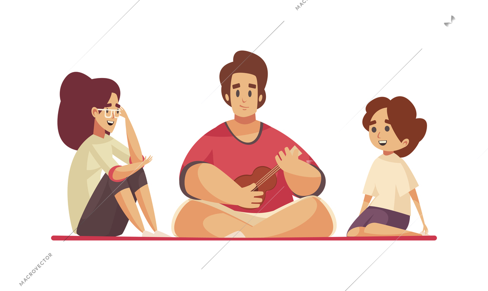 Family listening to man playing guitar at picnic or outdoor party flat vector illustration