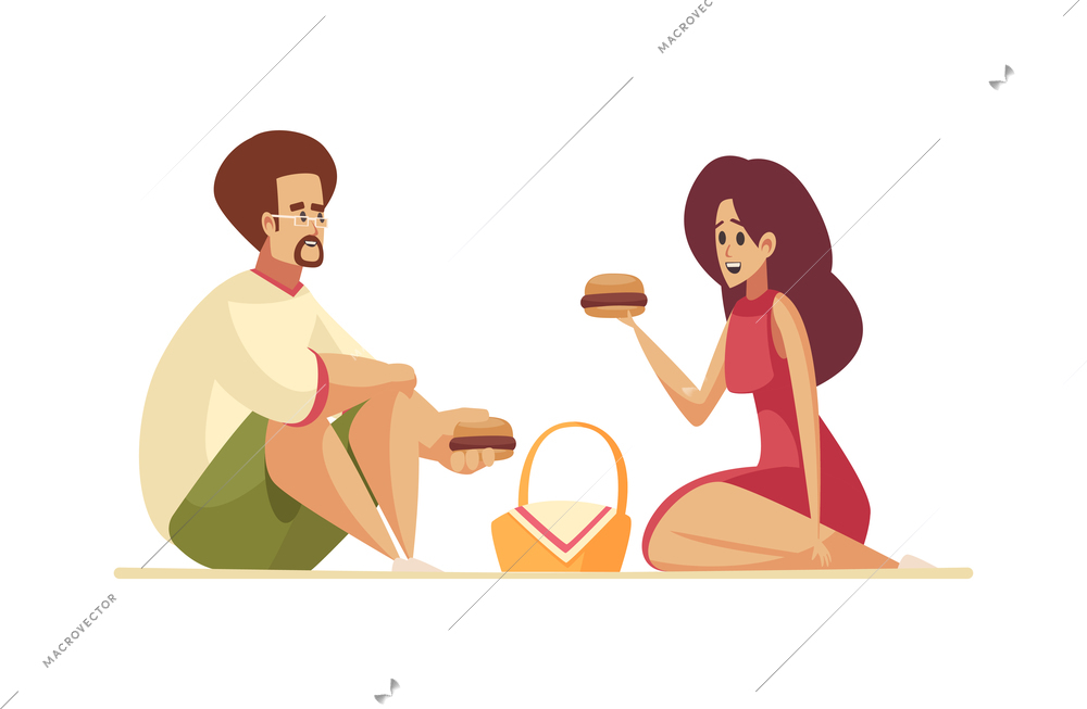 Happy couple having picnic with burgers flat vector illustration