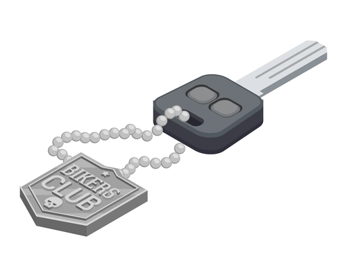Motorcycle key with silver emblem of bikers club isometric 3d vector illustration