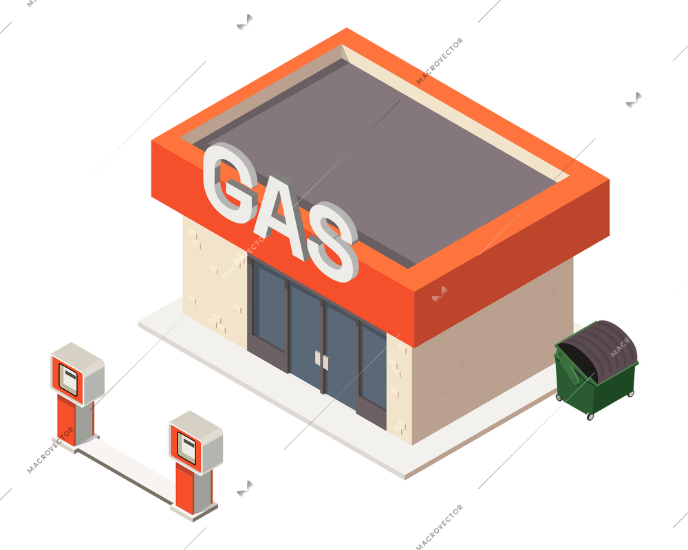 Gas station building exterior with two fuel dispensers 3d isometric vector illustration