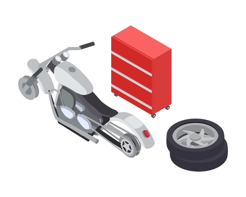 Motorcycle assembly motobike parts in garage isometric 3d isolated vector illustration