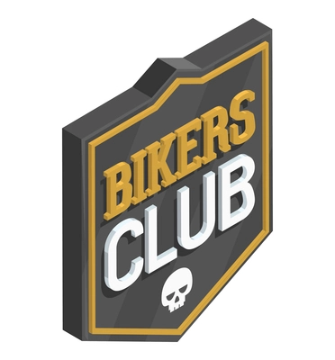 Isometric emblem of bikers club with skull on white background 3d vector illustration