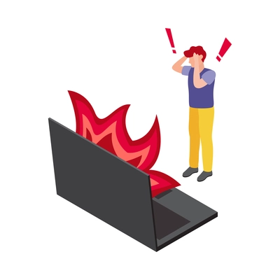 Deadline isometric concept with burning laptop and character in panic 3d vector illustration