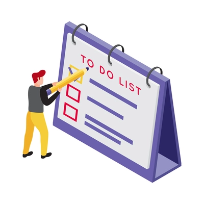 Character ticking off tasks on to do list isometric icon 3d vector illustration