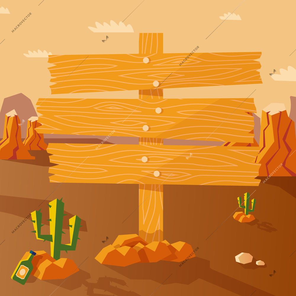 Wild west poster with western landscape and wooden sign vector illustration