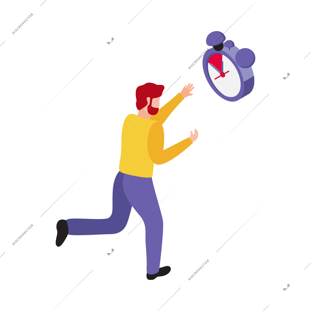 Deadline isometric icon with hurrying man and clock 3d vector illustration