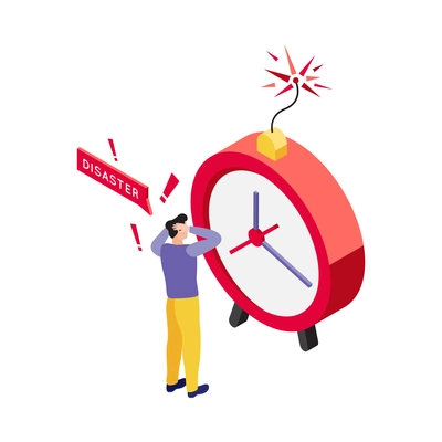 Deadline disaster isometric concept icon with frustrated character and clock with burning wick 3d vector illustration