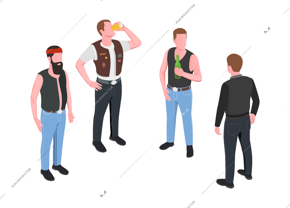 Four male bikers drinking beer isometric characters isolated on white background vector illustration