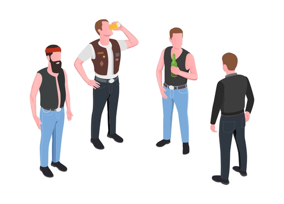 Four male bikers drinking beer isometric characters isolated on white background vector illustration