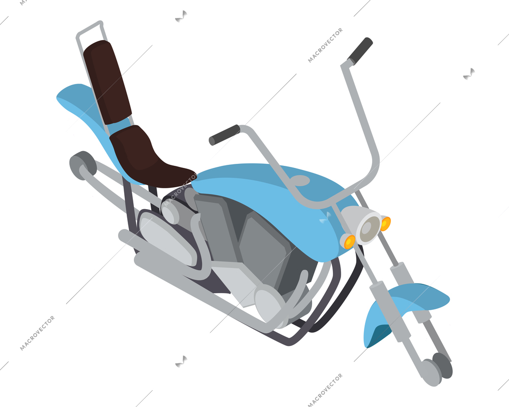 Motorcycle assembly isometric icon with motorbike without wheels on white background vector illustration