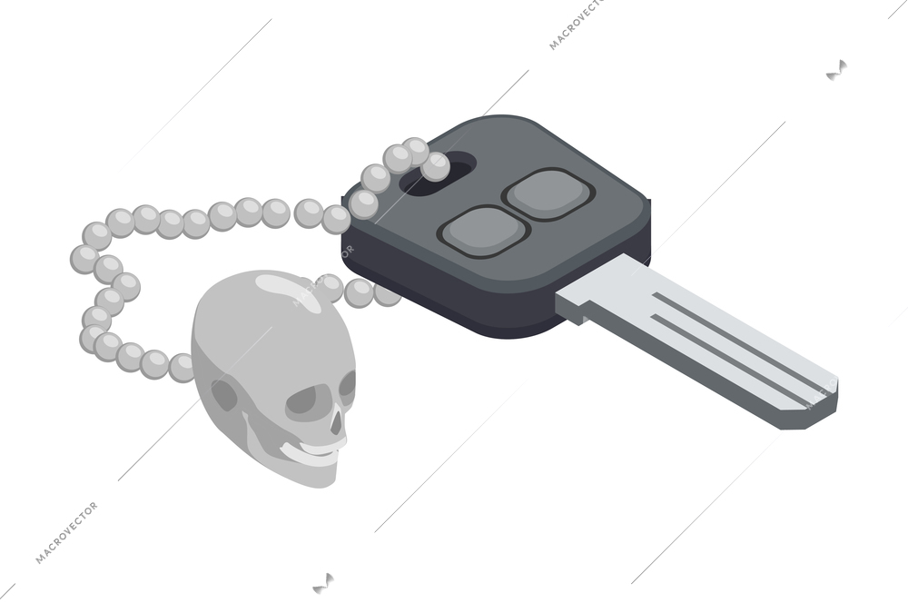 Motorbike key with skull keychain on white background isometric vector illustration