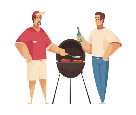 Two men having barbecue party cooking sausages and drinking beer flat vector illustration