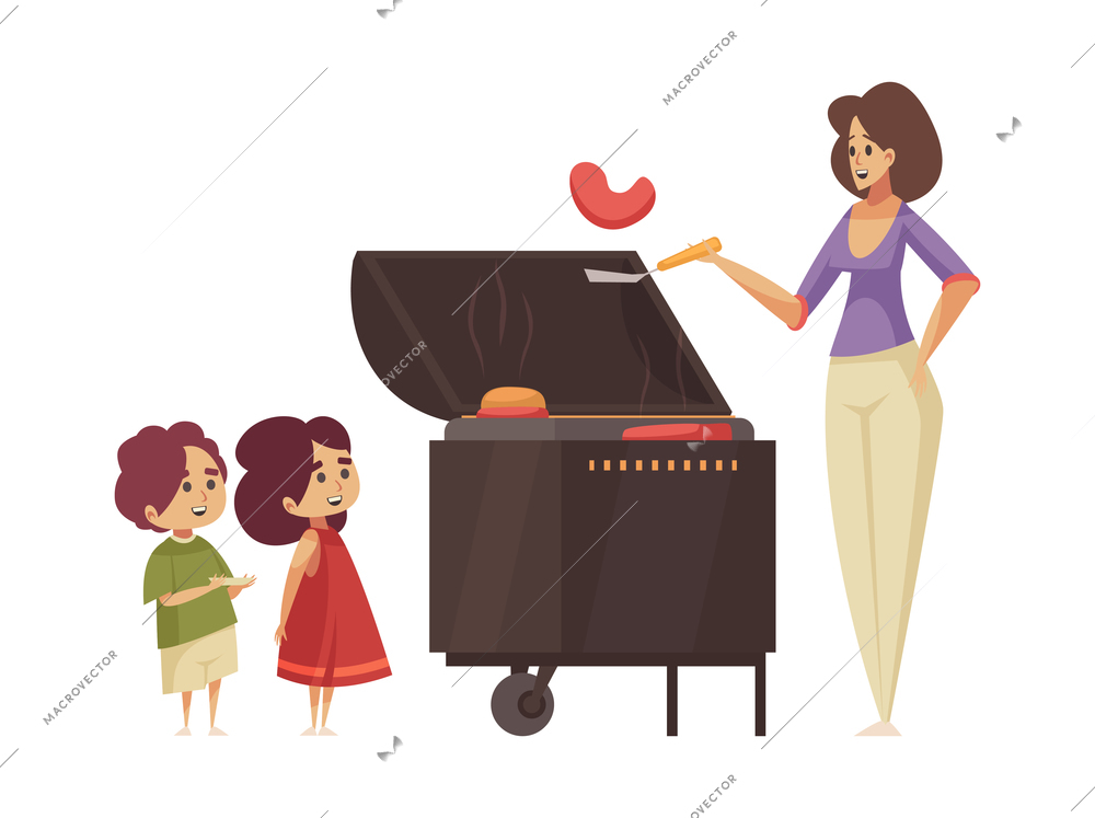 Happy children looking at mum cooking grilled steak and burgers at bbq party flat vector illustration