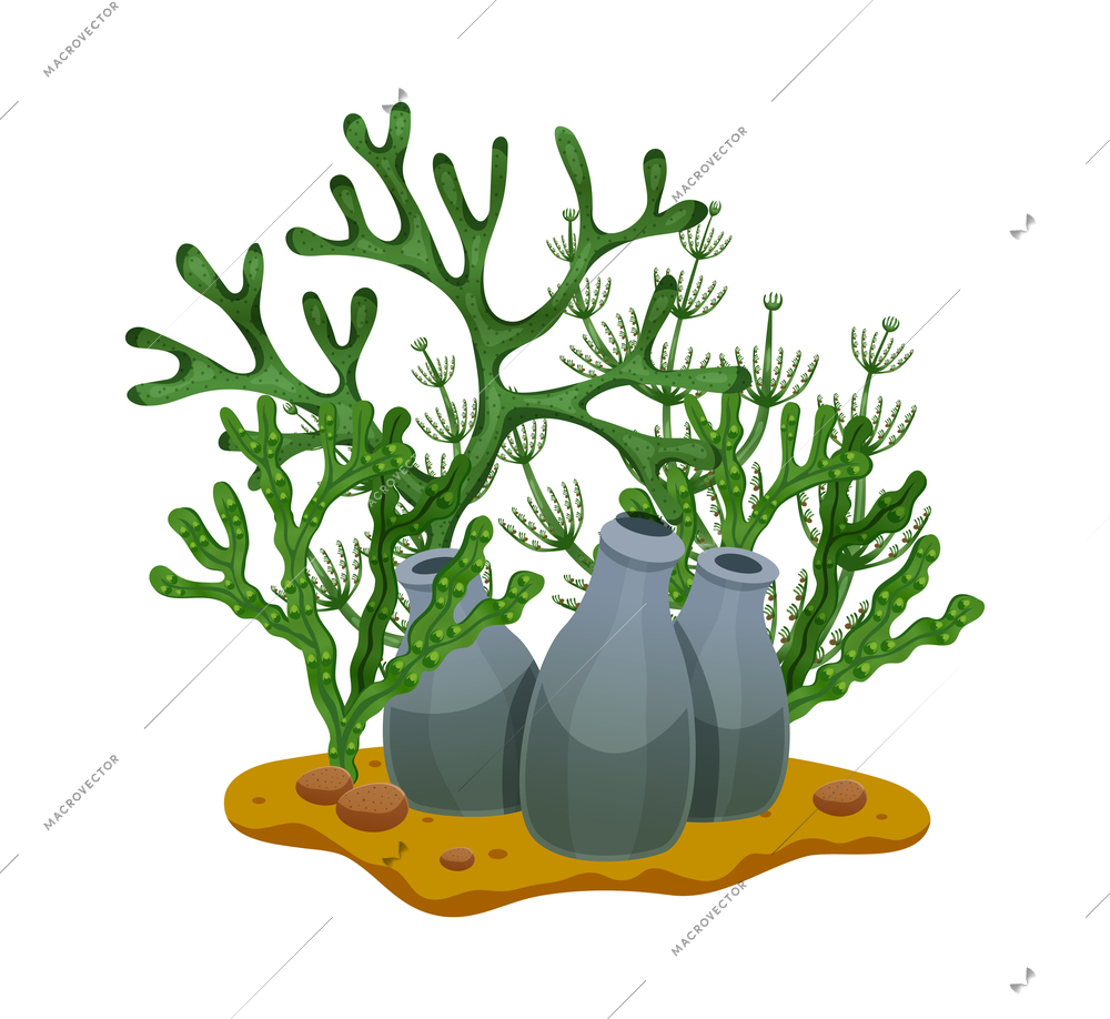 Green underwater seaweeds flat composition vector illustration