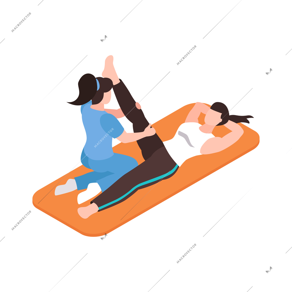 Isometric rehabilitation icon with physiotherapist assisting patient stretching injured leg 3d vector illustration