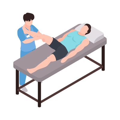 Isometric rehabilitation physiotherapy procedure icon with doctor massaging patients injured leg 3d vector illustration