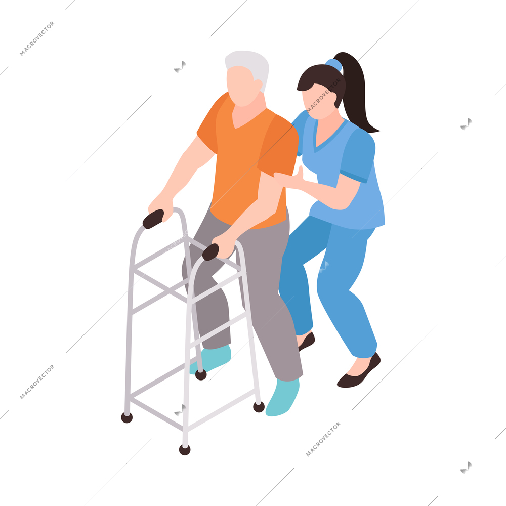 Isometric rehabilitation physiotherapy icon with therapist helping senior man with walkers 3d vector illustration