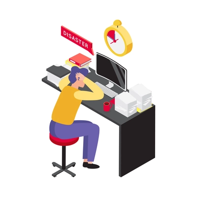 Stressed overworked manager before deadline isometric icon 3d vector illustration