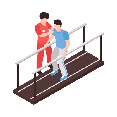 Isometric rehabilitation physiotherapy icon with therapist helping patient do first steps after trauma 3d vector illustration