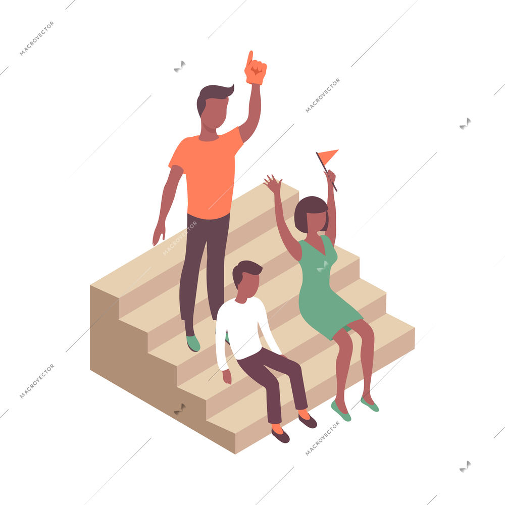 Sport stadium icon with football fans holding flag and hand glove 3d isometric vector illustration