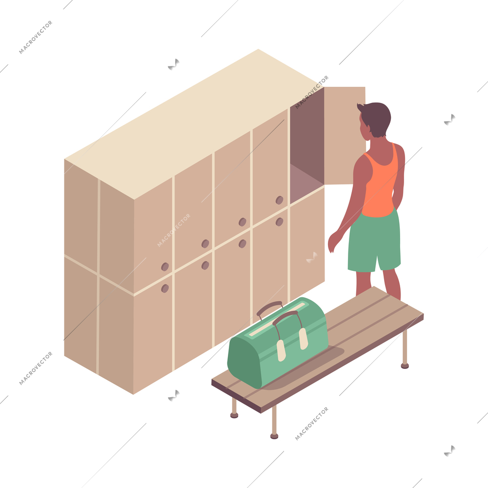 Gym cloakroom interior isometric icon with lockers bench and character of sportsman 3d vector illustration