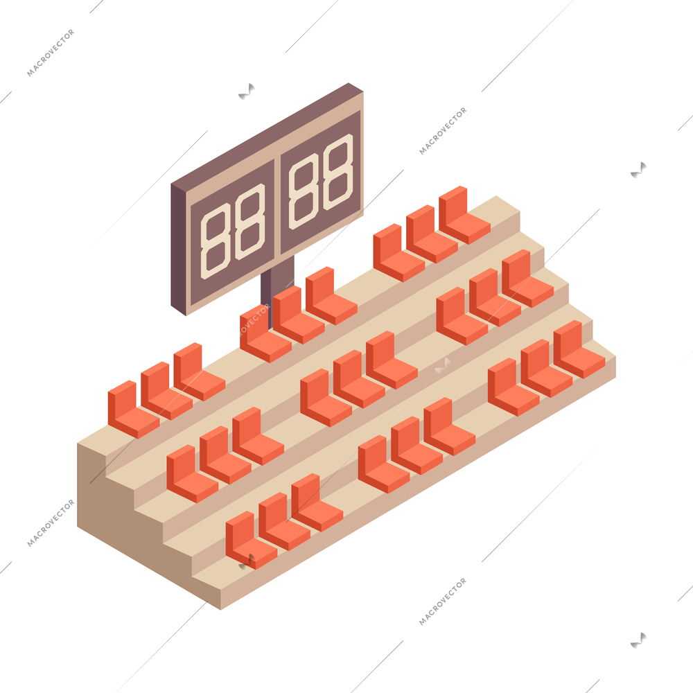 Sport stadium stands with empty seats and scoreboard 3d isometric vector illustration