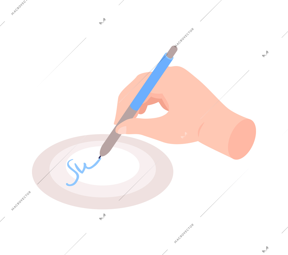 Isometric biometric identification singature recognition icon with human hand writing with pen 3d vector illustration